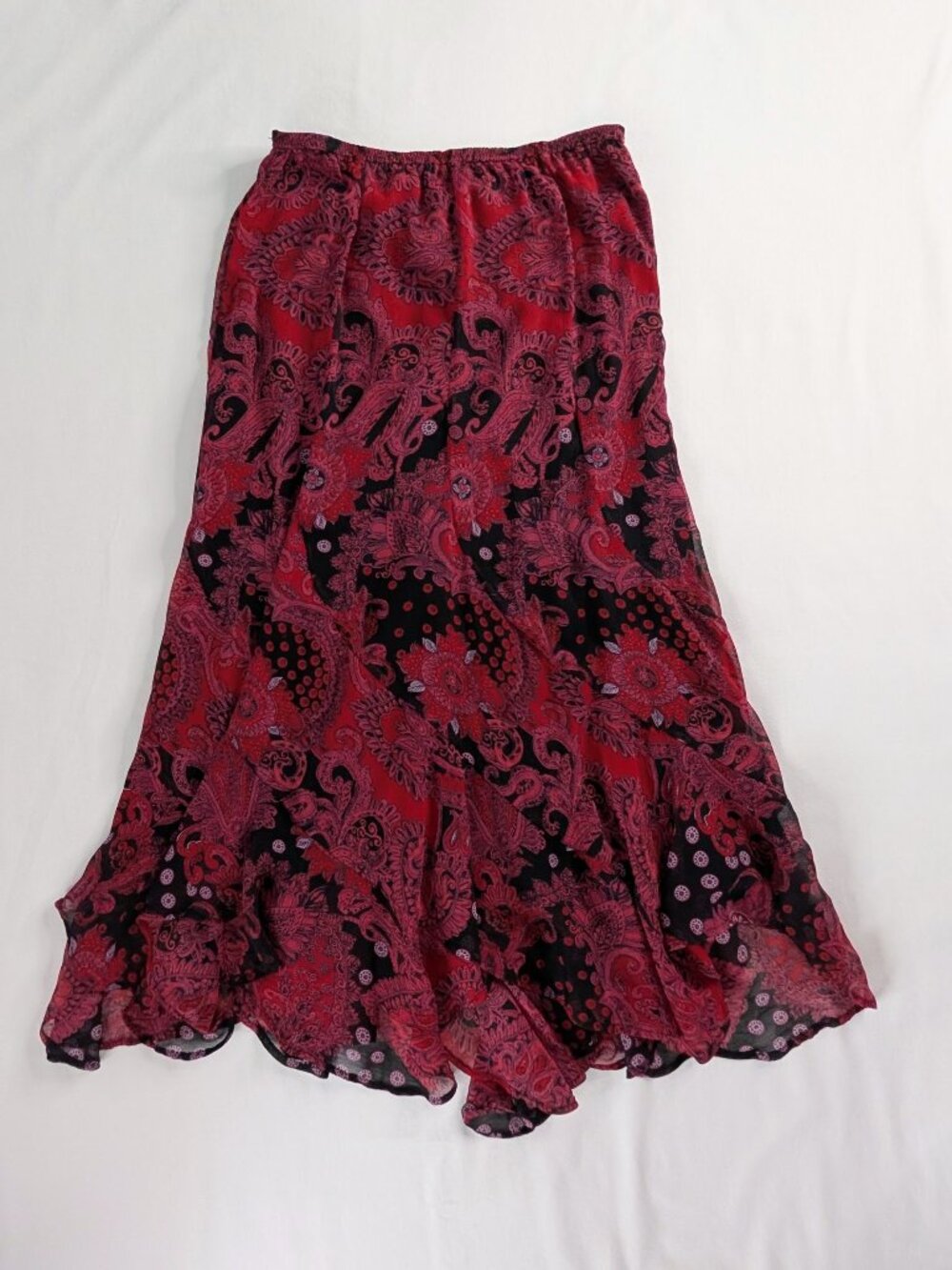 Soft Surroundings Black Red Pink Flowy Boho Stretch Waist Layered Maxi Skirt